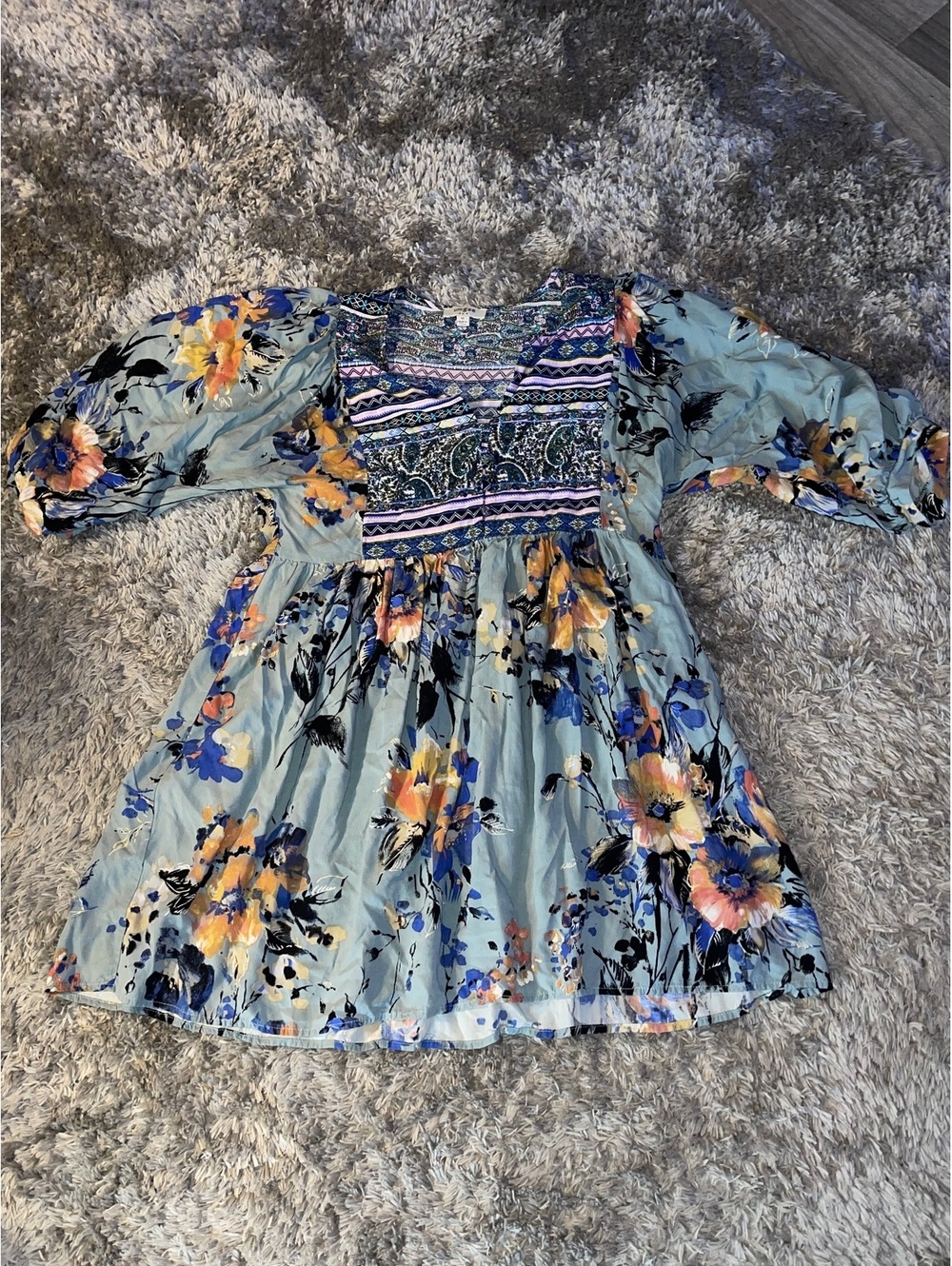 blue floral and paisley boho-style mini dress in a medium.